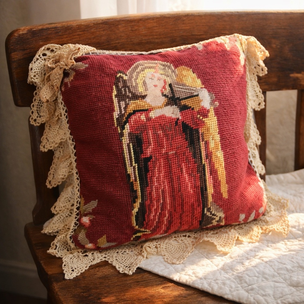 Vintage Needlepoint Angel Pillow Lace Trim 12x12 Romantic Heirloom Decor